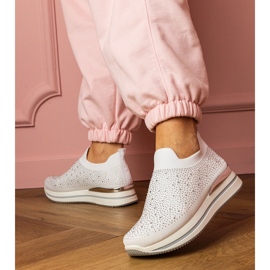 White women's sneakers on the platform with zircons 1