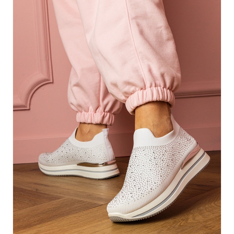 White women's sneakers on the platform with zircons 1