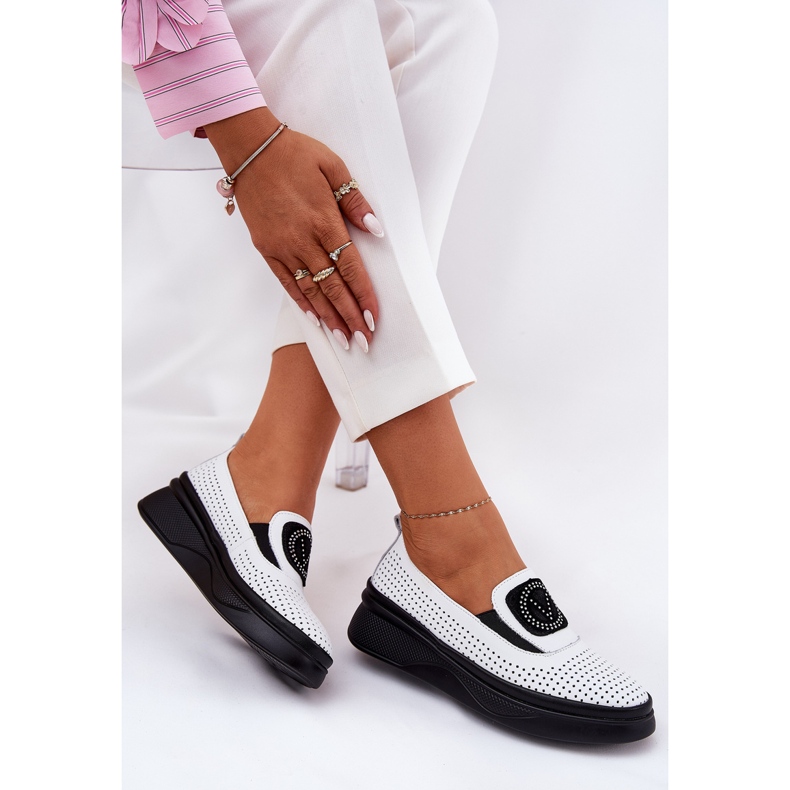 Women's openwork leather loafers on the platform and vinceza 79522 white wedges 1