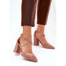 Pumps with pointed toes and decorated stripes on the dark -sized post beige 2