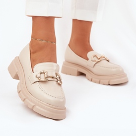 Women's eco leather loafers with golden detail beige 2