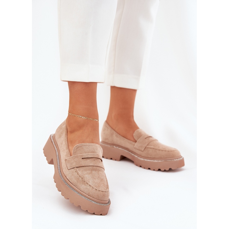 Women's eco moccasins with khaki zircons beige 2