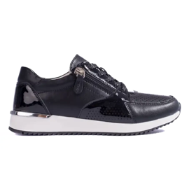 Shelvt women's leather sports shoes, black 2