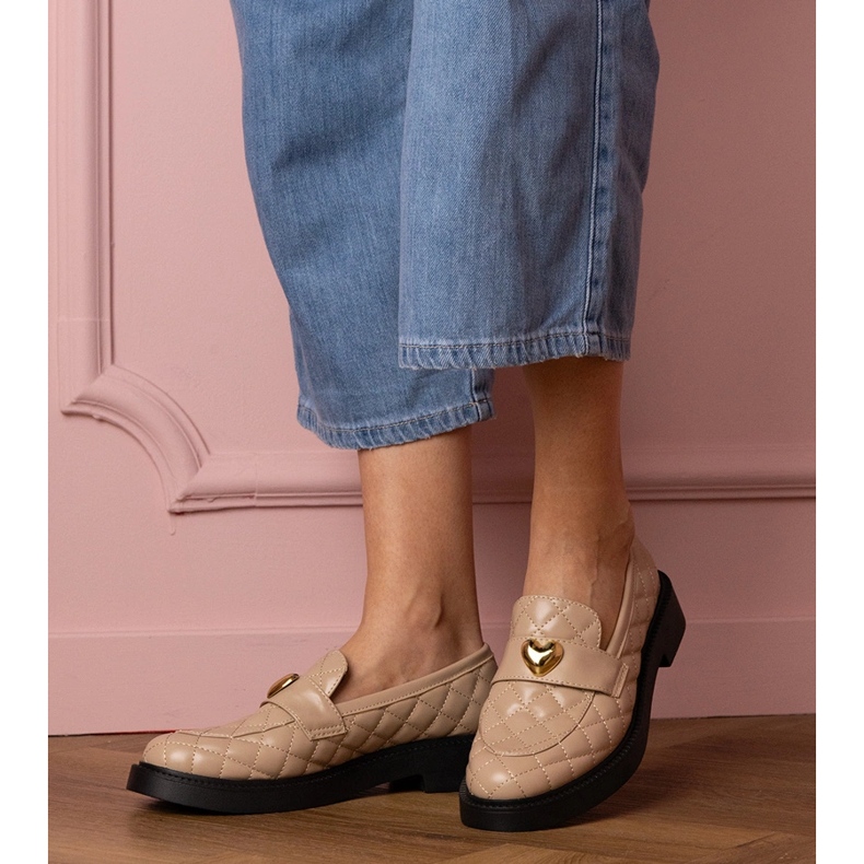 Beige quilted loafers decorated with heart 1 Beige quilted loafers decorated with heart 1