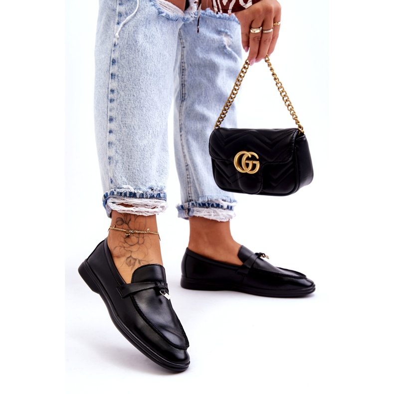 Women's black loafers with a decorative padlock 1 Women's black loafers with a decorative padlock 1