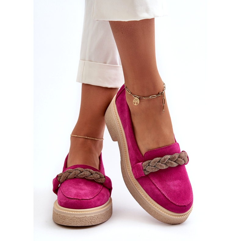 Zazoo 3429/W women's suede leather loafers with an ornament of fuchsia pink 3 Zazoo 3429/W women's suede leather loafers with an ornament of fuchsia pink 3