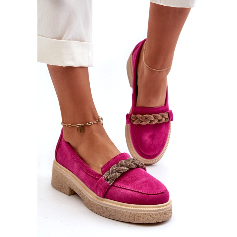 Zazoo 3429/W women's suede leather loafers with an ornament of fuchsia pink 2 Zazoo 3429/W women's suede leather loafers with an ornament of fuchsia pink 2