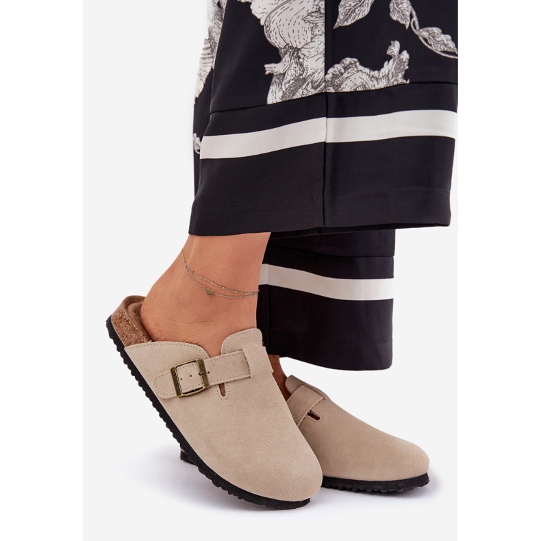 Suede flip -flops women's clogs with a Big Star RR274A385 beige buckle 1