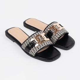 Goodin Black and white women's flip flops with a golden chain 1 Goodin Black and white women's flip flops with a golden chain 1