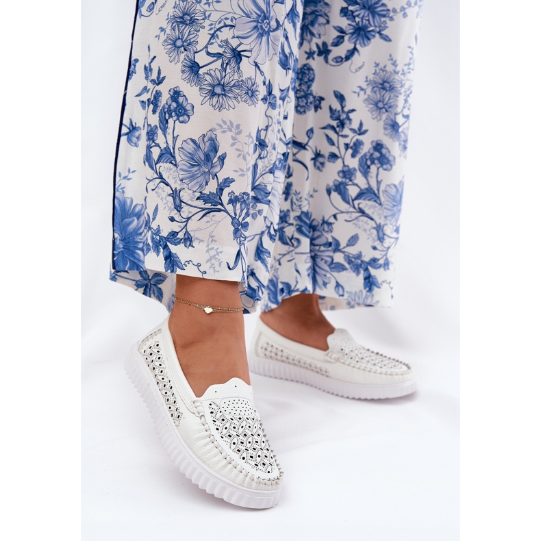 Vinceza Women's leather loafers with an openwork pattern Vincez 88028 white 2