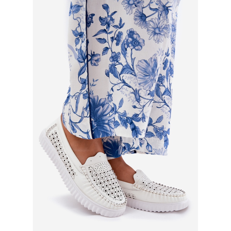 Vinceza Women's leather loafers with an openwork pattern Vincez 88028 white 1