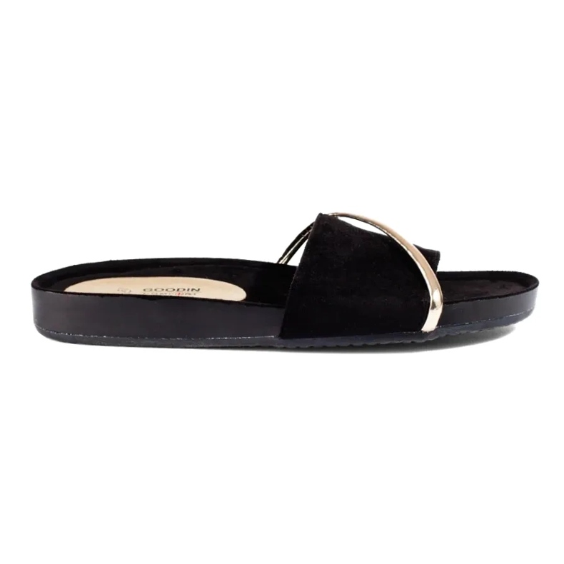 Black flip flops with gold Shelovet embellishment 2