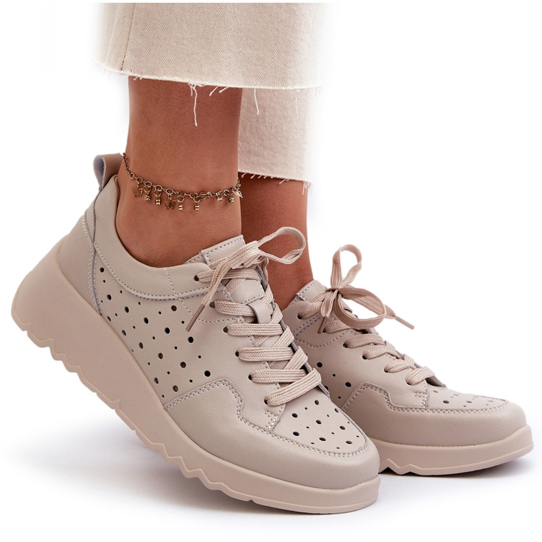 Openwork Women's Wedge Sneakers, Natural Leather, Beige S.Barski LR482 5