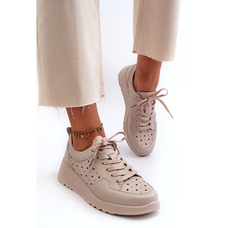 Openwork Women's Wedge Sneakers, Natural Leather, Beige S.Barski LR482 3