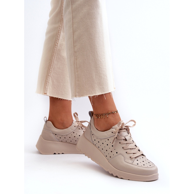 Openwork Women's Wedge Sneakers, Natural Leather, Beige S.Barski LR482 4