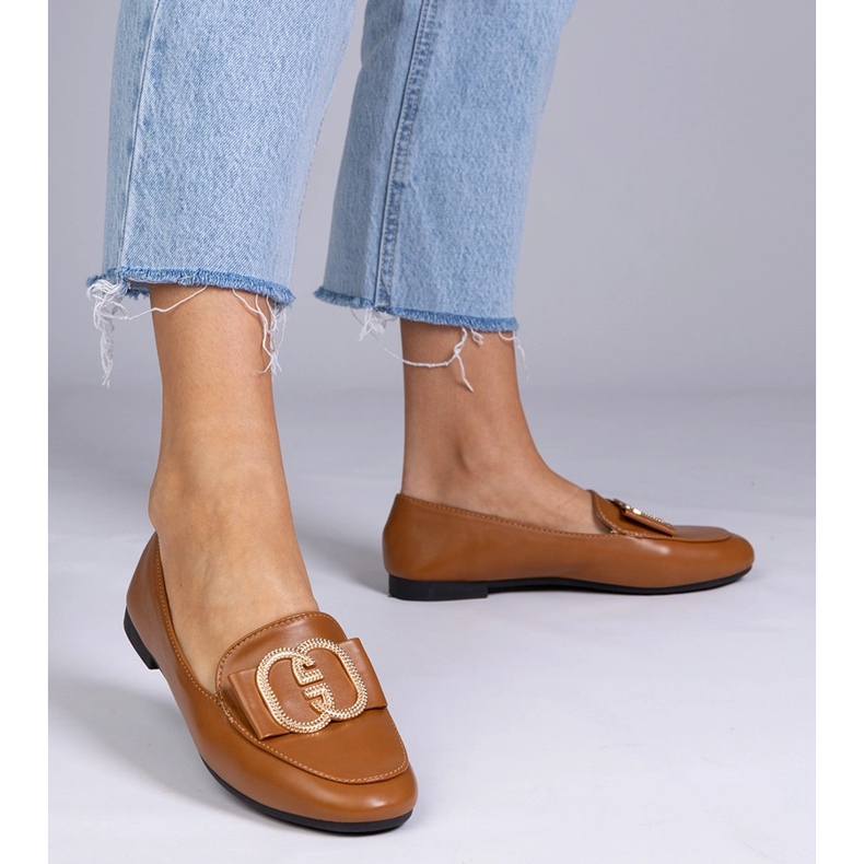 Brown women's loafers with a golden decoration 2 Brown women's loafers with a golden decoration 2