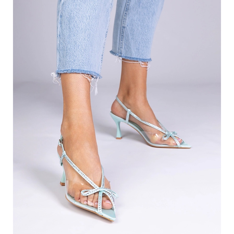 Green transparent sandals on a pin with zircons 1