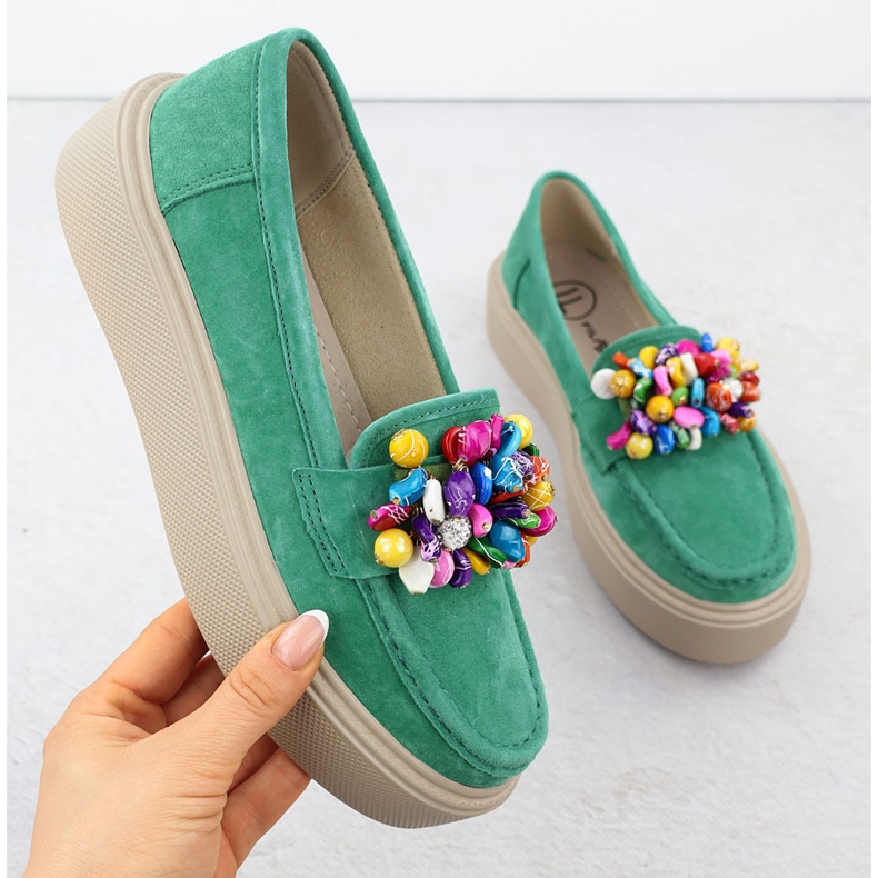 Leather loafers on the Platform with Green Filippo DP6765 beads 1