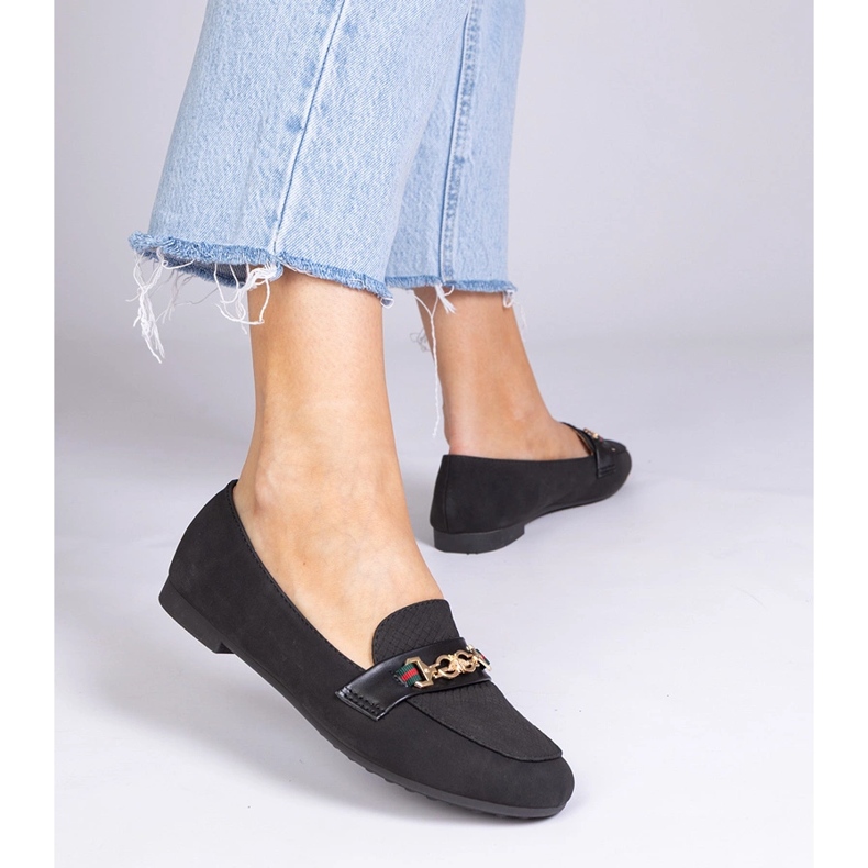 Black loafers with a matte finish with a golden decoration 1