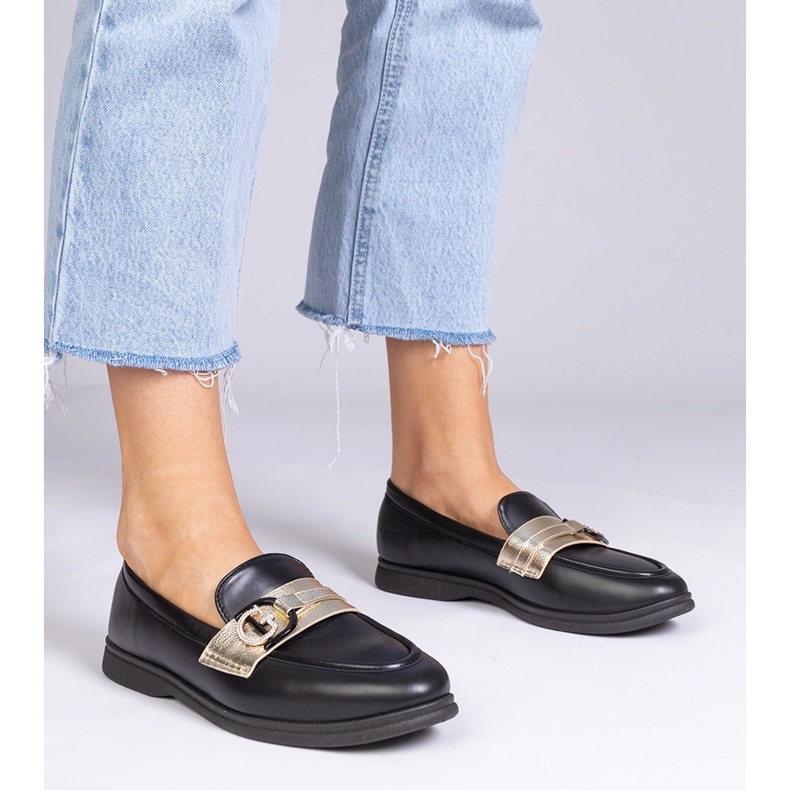 Black eco -leather loafers with zircons 1