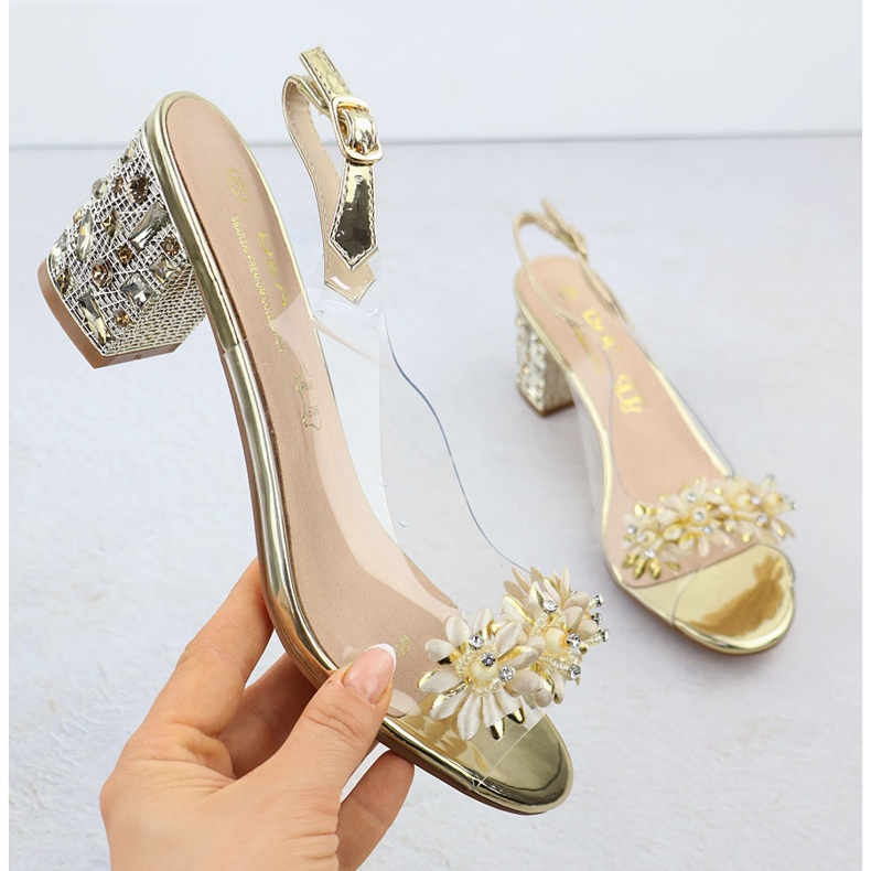 S.Barski Transparent women's sandals on a post with zircons Złote S. Barski MR51-725 golden 1