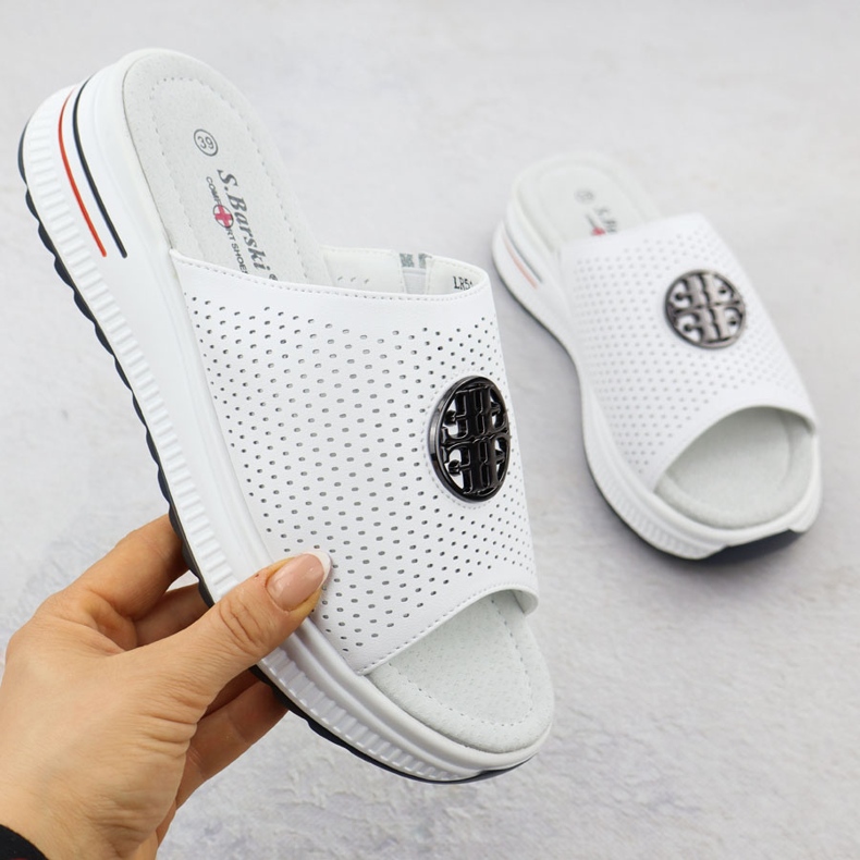 S.Barski Women's openwork leather flip flops S. Barski LR51-661 white 1