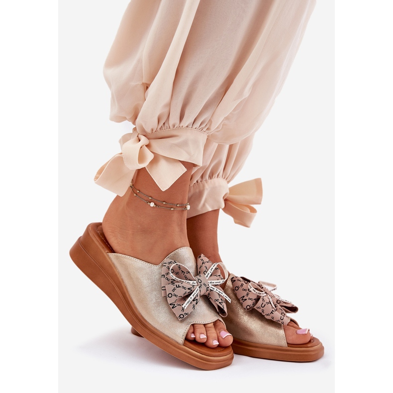 Jezzi Women's wedges on wedge with a bow of golden 1 Jezzi Women's wedges on wedge with a bow of golden 1