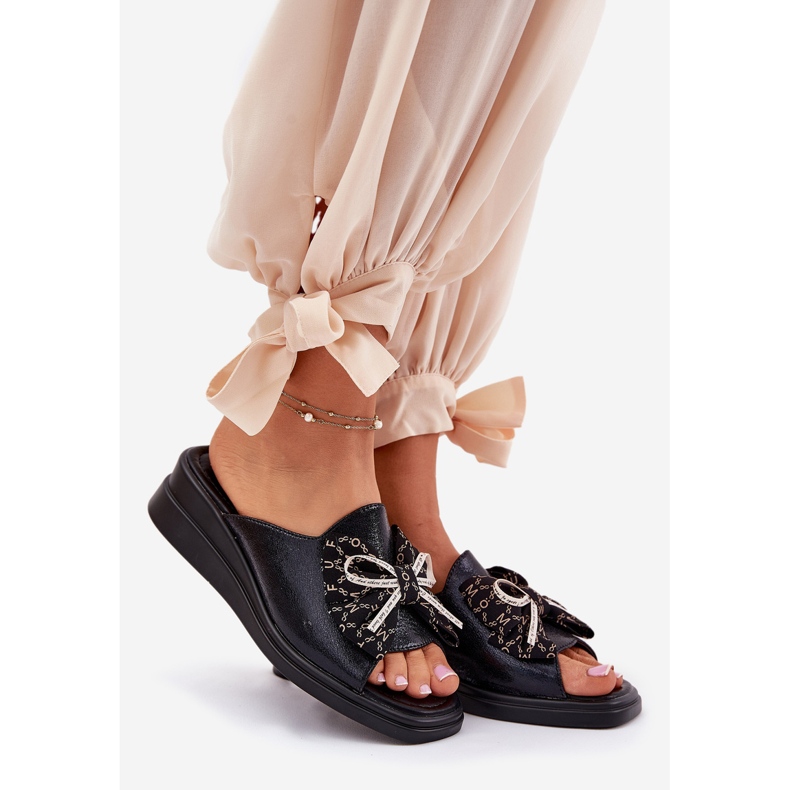 Jezzi Women's wedges on wedge with a bow black 1 Jezzi Women's wedges on wedge with a bow black 1