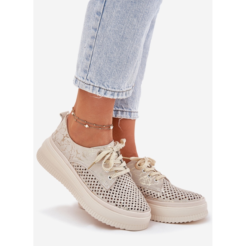 Women's openwork shoes on the Artiker 56C2108 beige-gold platform 1