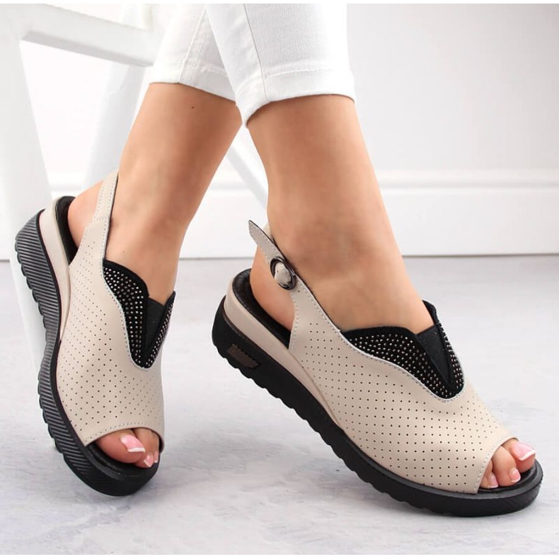 Leather openwork wedge sandals Filippo W PAW537, beige 1