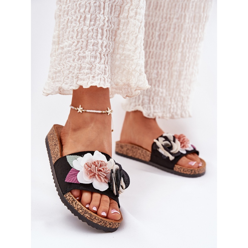 Evento Women's flip flops with flowers on the cork platform black 2