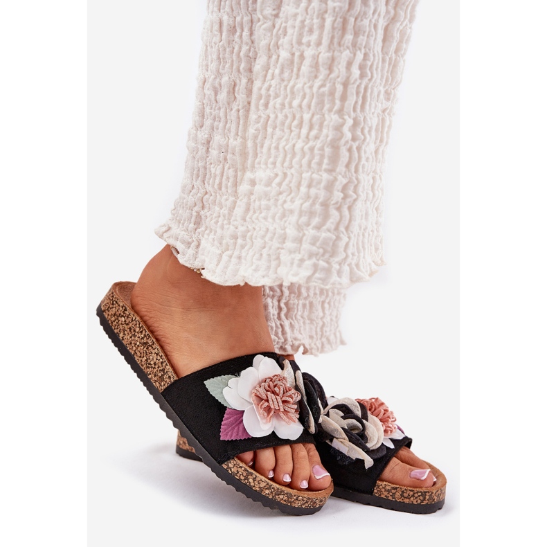 Evento Women's flip flops with flowers on the cork platform black 1