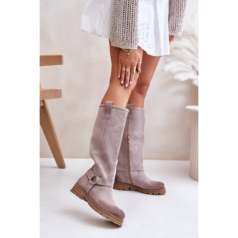 Suede Women's Boots Above the Knee Lewski 3615 Cappucino 1