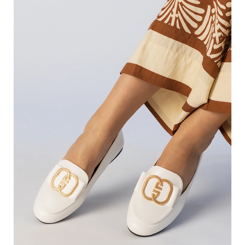 White women's loafers with a golden decoration 1
