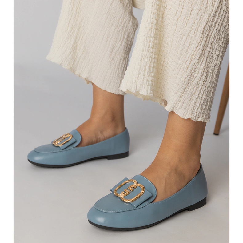 Blue women's loafers with a golden decoration 1