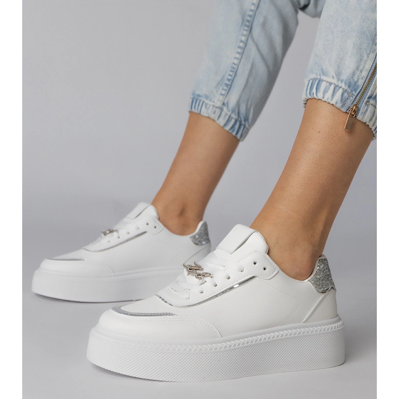 White and silver sneakers decorated with glitter and zircons 1
