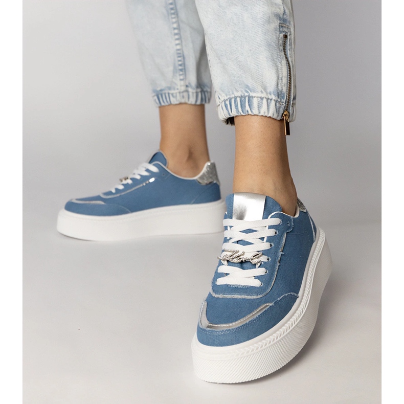 Denim sneakers decorated with glitter and zircons blue 2