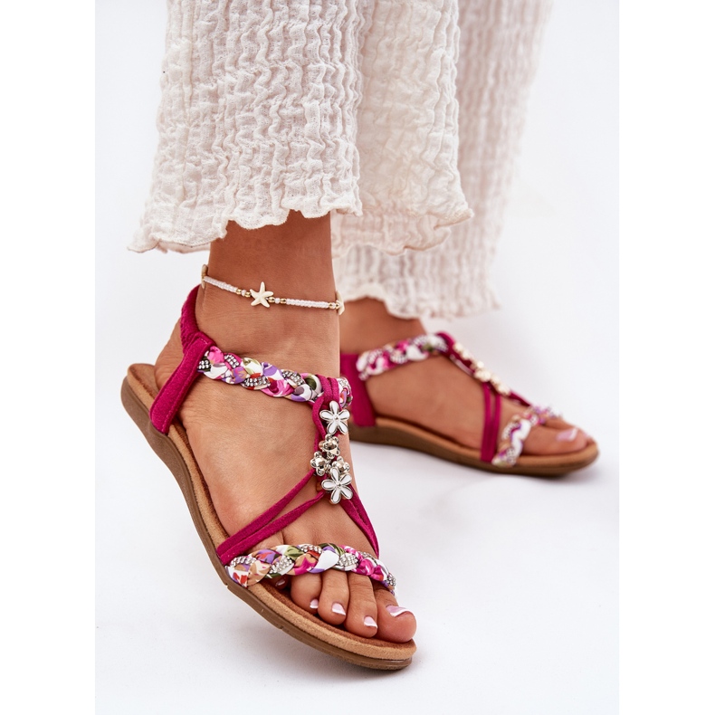 Flat women's sandals with braided stripes and pins Artiker 56C1314 FUKSJA pink 2