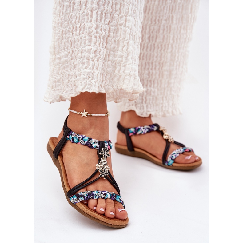 Flat women's sandals with braided stripes and pins Artiker 54C1331 black 2