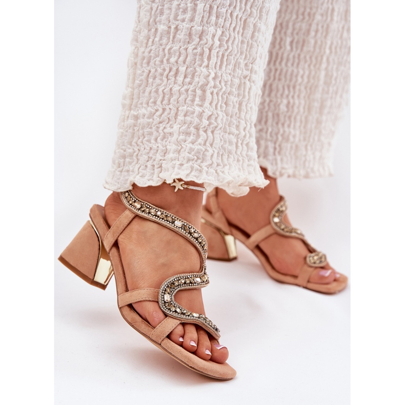 Women's sandals on a post with Artiker 56C1374 crystals beige 2 Women's sandals on a post with Artiker 56C1374 crystals beige 2
