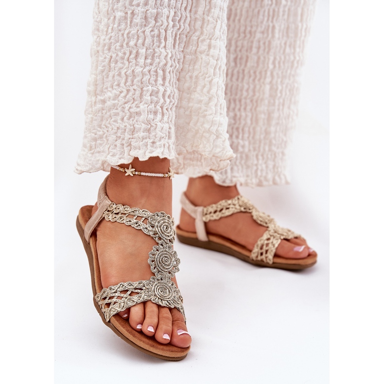 Flat women's sandals with a lace pattern Artiker 56C1281 PLN golden 2