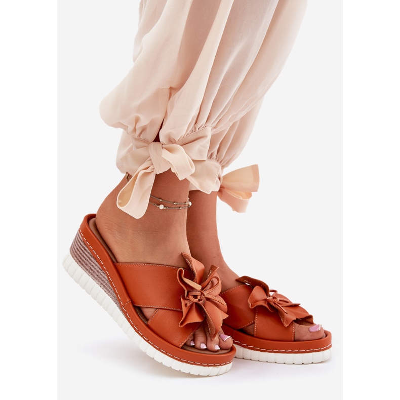 Women's leather wedges with a decorative flower Artiker 52C0505 Orange 1