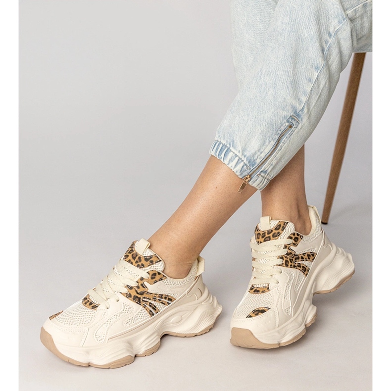 Beige Sneakers Women's Sports with a leopard insert 2