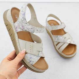 Leather comfortable Velcro sandals with beige flowers T.Sokolski L25-173 1