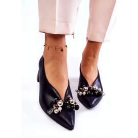 Leather pumps with an ornament Laura Messi 2487 navy blue 2