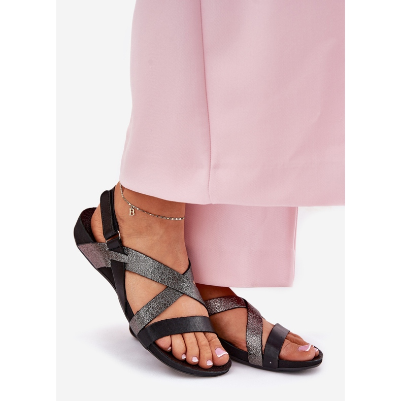 Flat leather women's sandals Zazoo 40032 Black 1