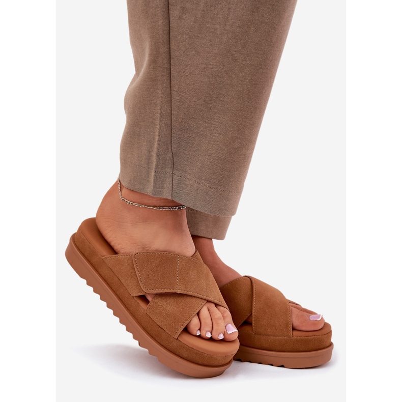 Women's flip flops on the platform with Camel intertwining stripes brown 1