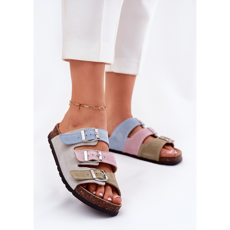 Women's suede flip flops with panto fino rr267034 blue buckles 1