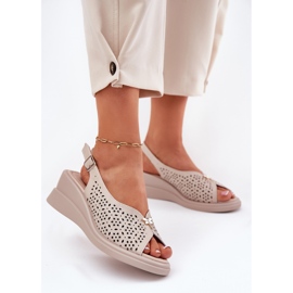 Leather openwork women's sandals for vinceza 79529 beige 2