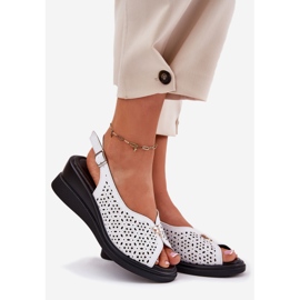 Leather openwork women's sandals on the Vinceza 79529 wedge white 1